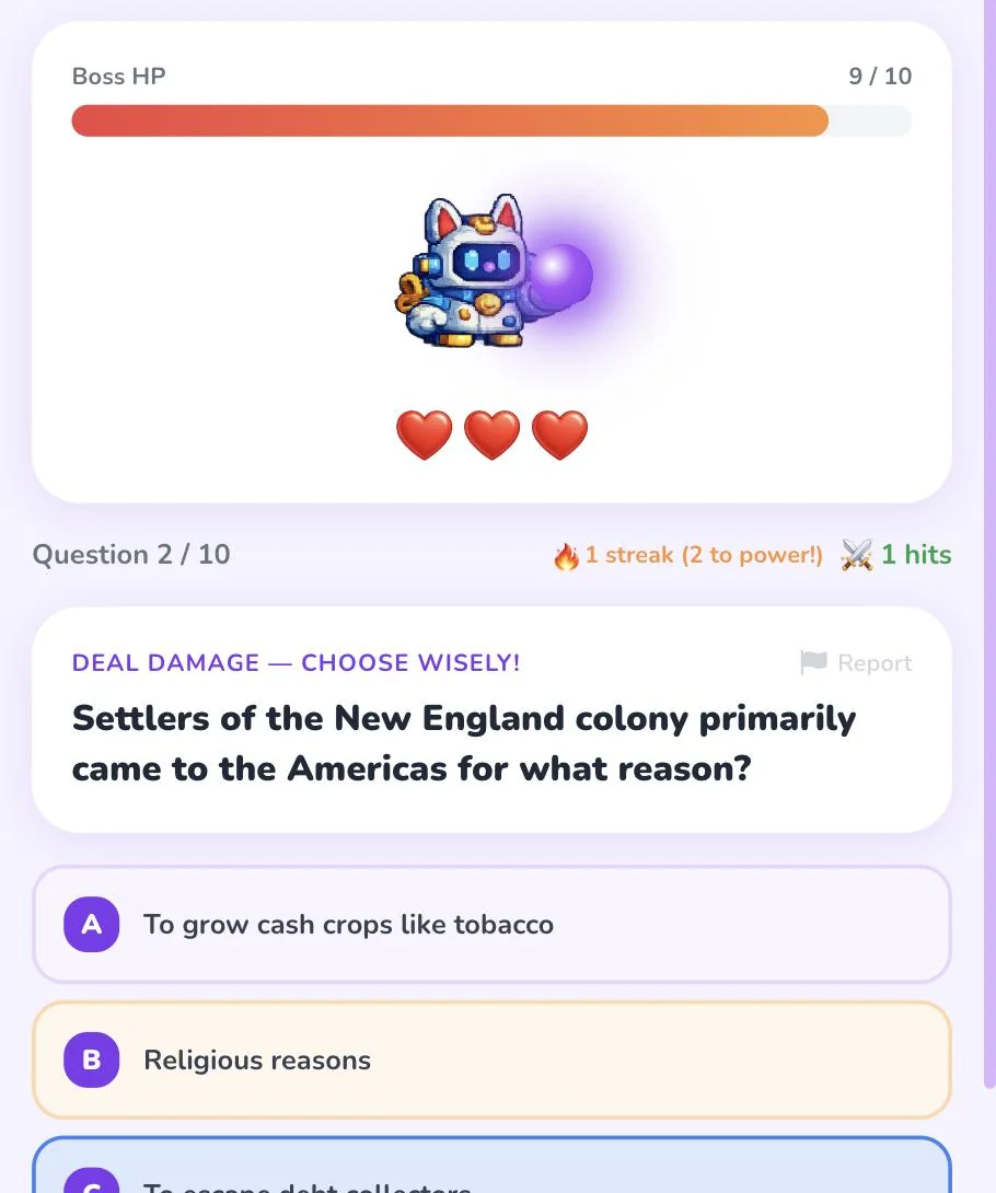 Boss Battle gameplay: a robot boss with a damaged health bar and hearts, a hit streak counter, and the next question below