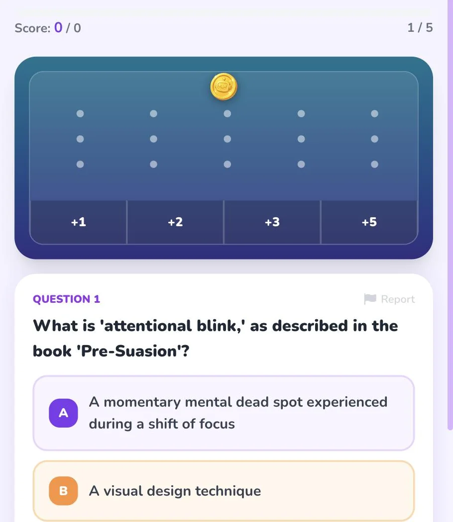 Brain Drop gameplay: a physics bonus board with coin-value drop zones above a multiple-choice question
