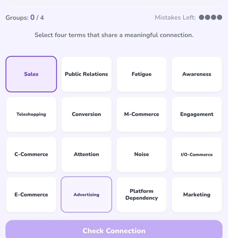 Concept Connect gameplay: a 4x4 grid of terms with two tiles selected, ready to check whether they share a connection