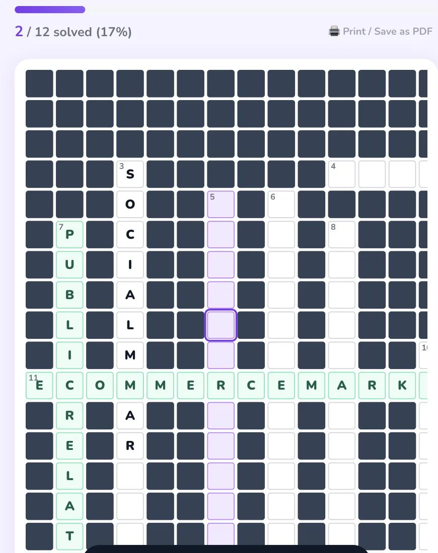 The Crossword gameplay: a partially solved crossword grid generated from the study guide's own terms