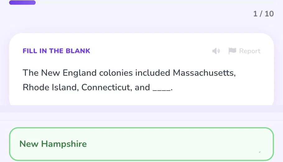 Fill in the Blank gameplay: a sentence with a blank to complete, and a typed answer in the input box below