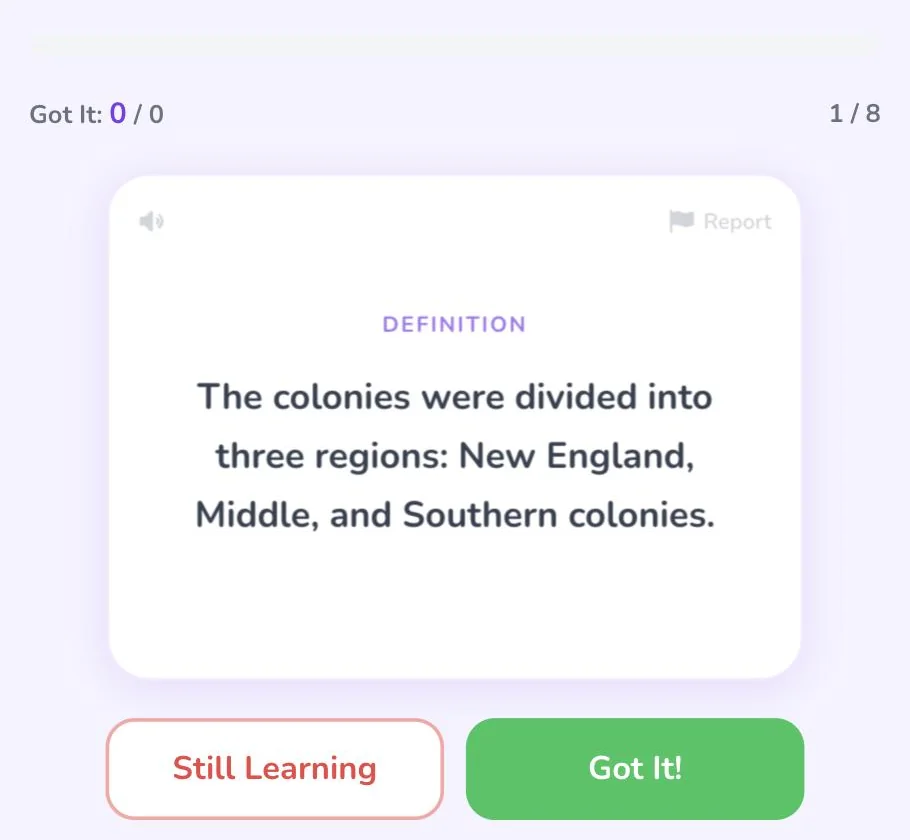 Flash Cards gameplay: a flipped card showing a colonial history definition, with Still Learning and Got It buttons below to rate recall