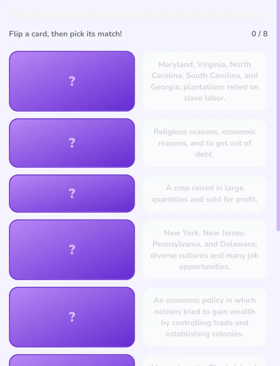 Matching Game gameplay: a grid of face-down term cards next to their revealed definitions, ready to be paired