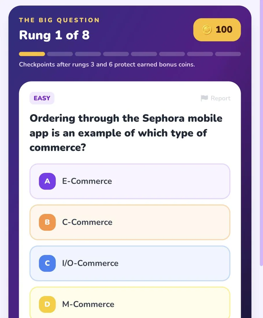 The Big Question gameplay: a rung-by-rung question ladder with a coin prize and a multiple-choice question below