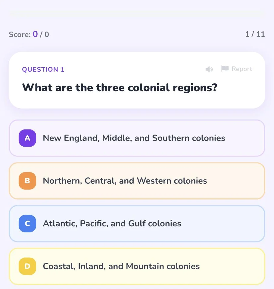 Quiz Time gameplay: a multiple-choice question about the three colonial regions with four answer options