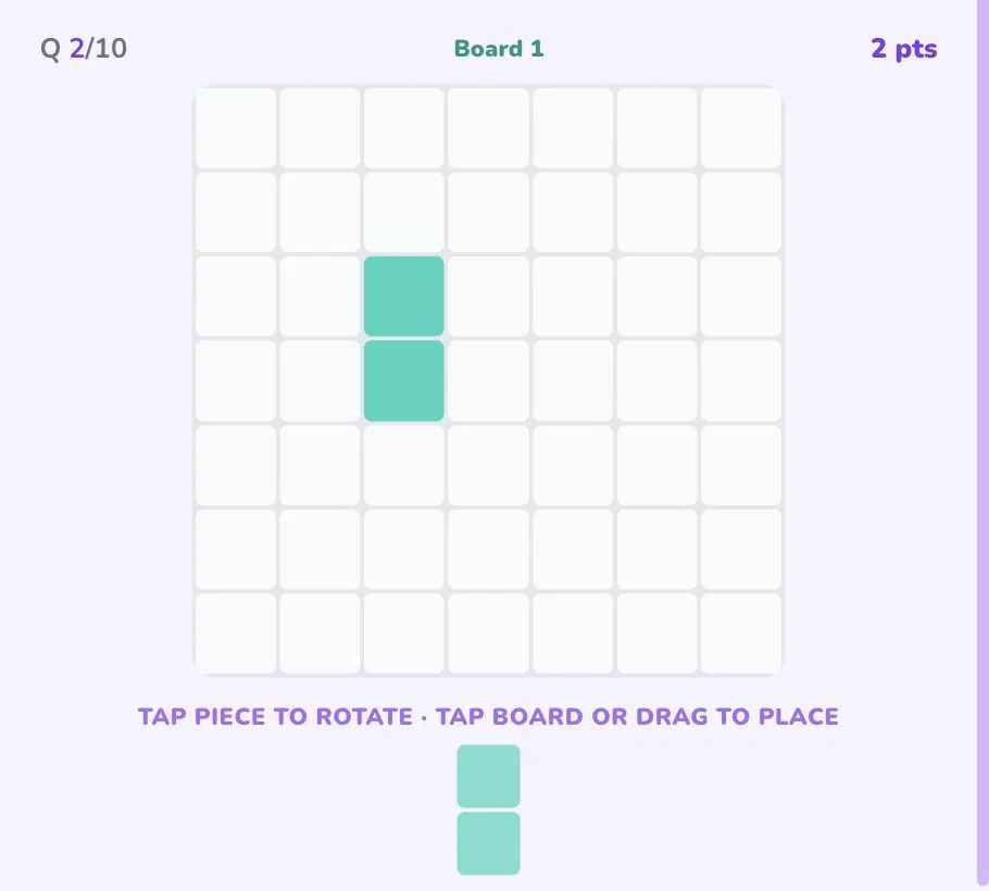 Study Blocks gameplay: a piece placed on the board after a correct answer, with the next multiple-choice question below