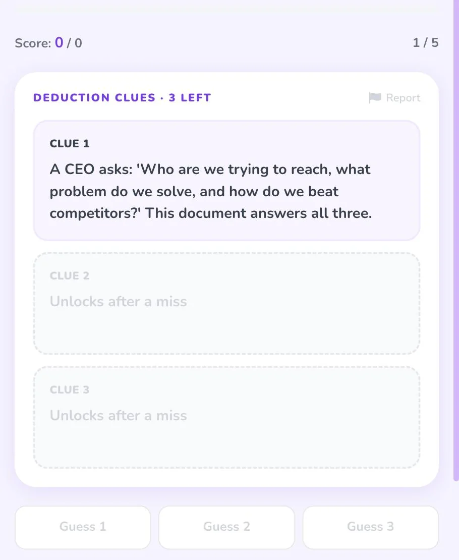 The Grid gameplay: a deduction clue with two more locked clues below it, plus three guess slots and a text box to submit an answer