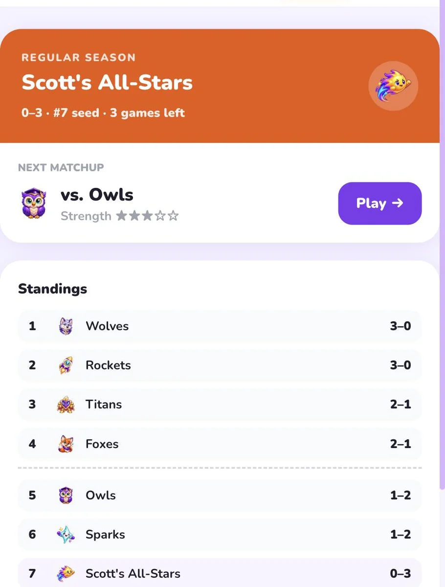 Study League gameplay: a team's season record and next matchup, with a full league standings table below