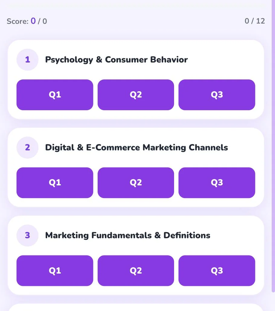 The Circuit gameplay: category sections, each with three question buttons to answer across the full circuit