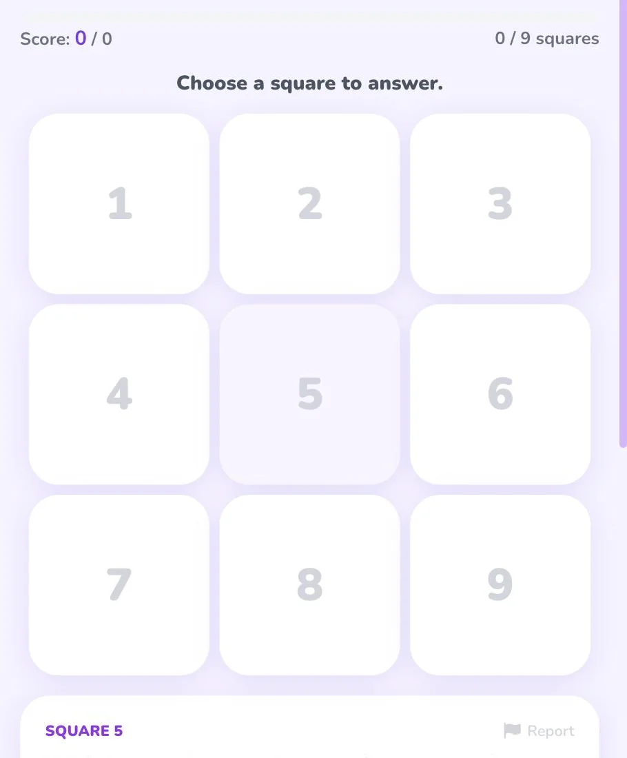 Tic-Tac-Know gameplay: a 3x3 board of numbered squares with the selected square's question shown below