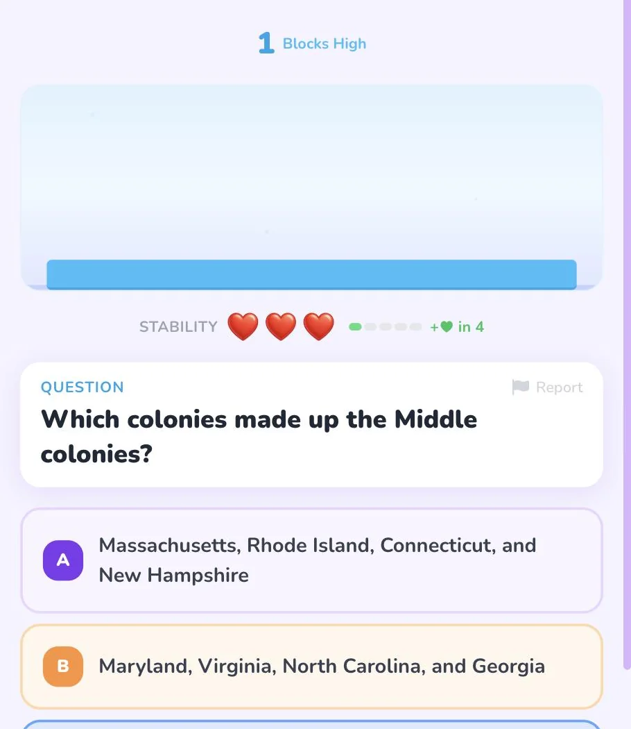 Study Tower gameplay: a block stacked on the tower after a correct answer, three stability hearts, and the next multiple-choice question below