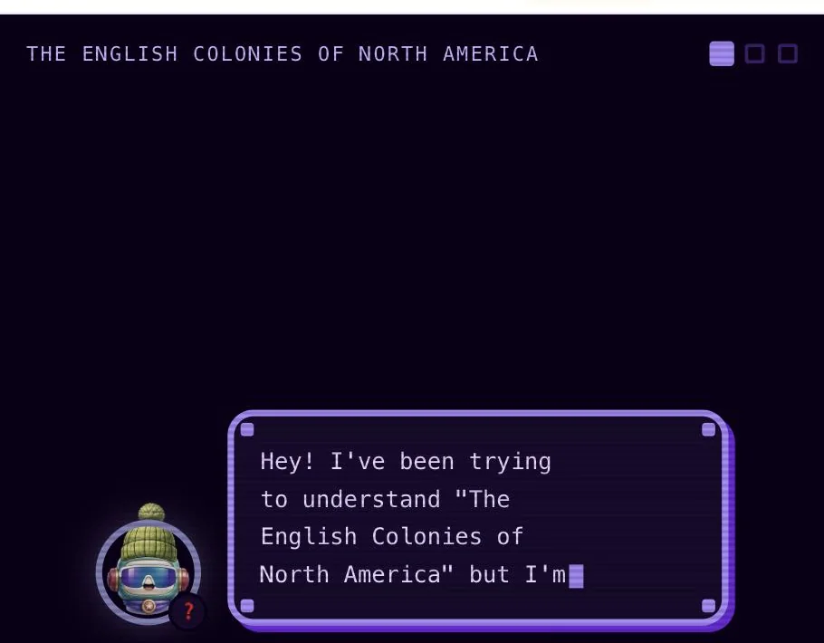 Pet Professor gameplay: a retro terminal-style chat window with the pet typing out an explanation of the study guide's topic