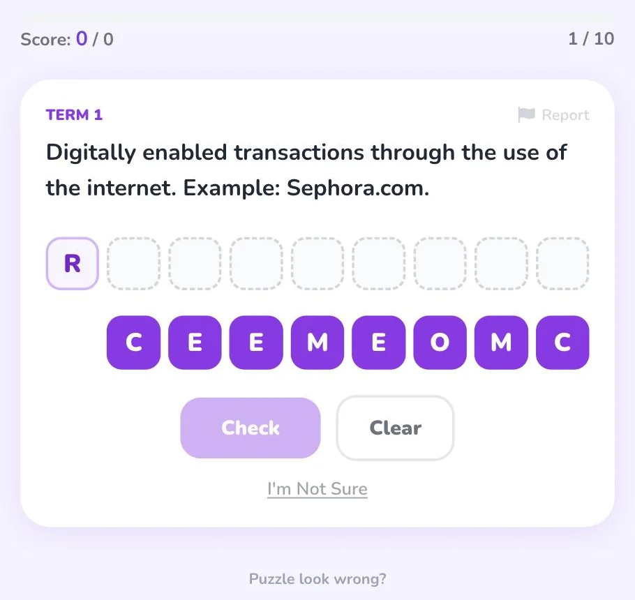 Word Battle gameplay: a clue with scrambled letter tiles and empty slots to spell out the term